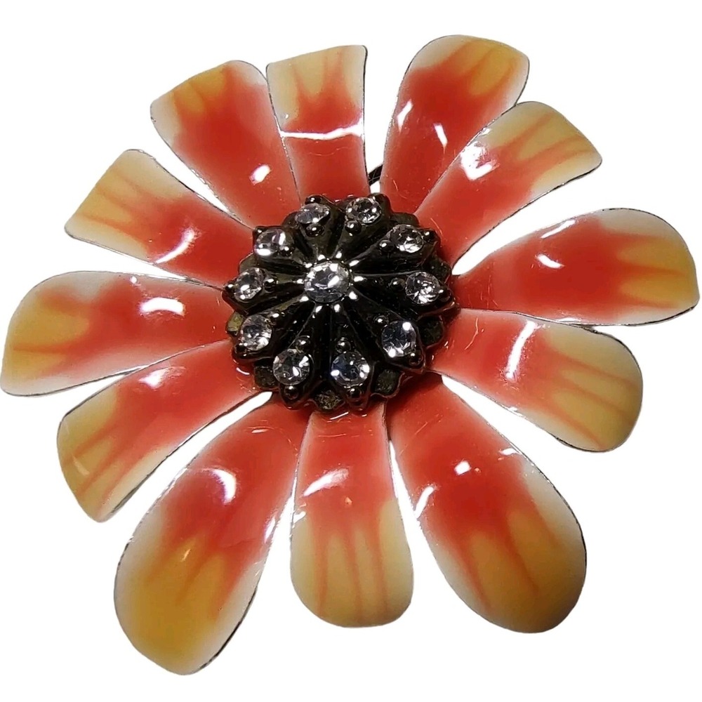 Orange Yellow Zinnia Brooch‎ Silver Tone Enamel Flower Rhinestone Center 1.75 in